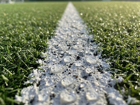 Close up view of wet white lines on green artificial turf with dew drops reflecting sun light during an early morning game.