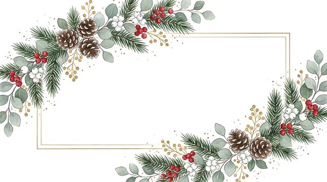 Horizontal festive botanical frame with green pine branches, red and white berries, pine cones, and gold glitter accents for holiday decorations.
