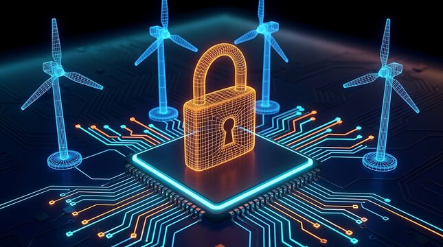 Cyber security concept featuring a glowing padlock icon on a microchip with wind turbines and circuit board elements in background.