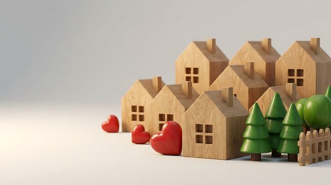 Miniature wooden houses with red heart shapes and green trees representing real estate, community, and home ownership concepts.