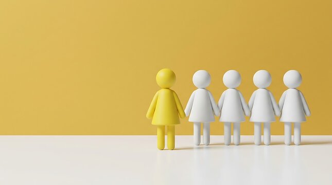 Five simplified figures in a line, with one yellow figure standing apart from four white figures.