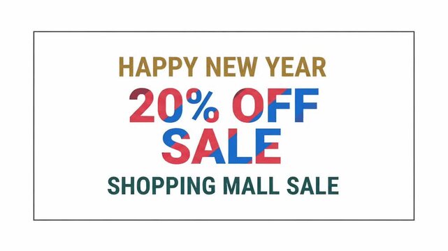 Happy New Year 20% Off Sale Shopping Mall promo discount campaign animation motion graphic white background loop
