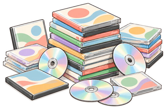 Pile of old DVD and CD cases and discs