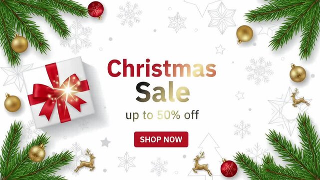 Christmas Sale up to 50% off shop now promo discount retail campaign gift box pine animation motion graphic loop
