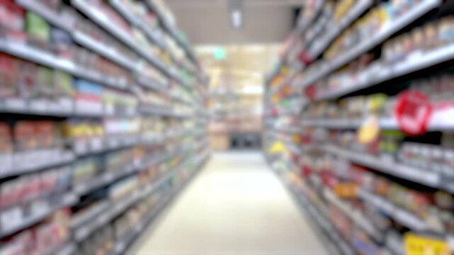 Blurred Supermarket Aisle with Shelves Stocked with Groceries