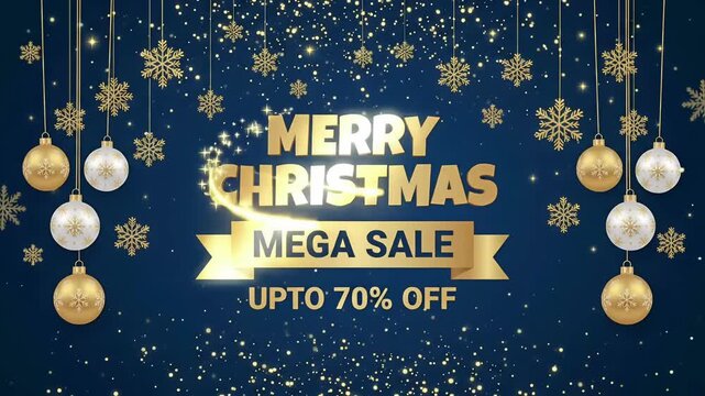 Merry Christmas Mega Sale 70% Off discount promo campaign gold baubles snow animation motion graphic loop
