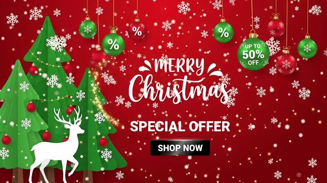 Merry Christmas Special Offer 50% off shop now promo discount reindeer pine tree animation motion graphic loop
