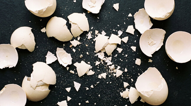 Broken eggshells scattered on a dark textured background