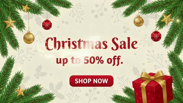 Christmas Sale 50% off shop now promo discount retail campaign gift box pine animation motion graphic loop

