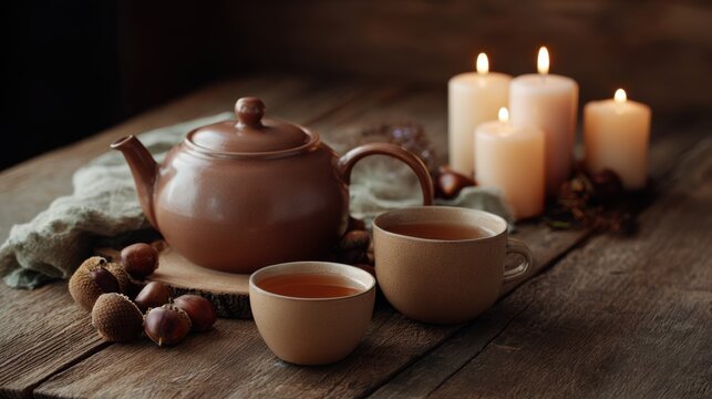 A teapot and two cups sit on a rustic wooden table with acorns and lit candles, arranged for tea during the evening