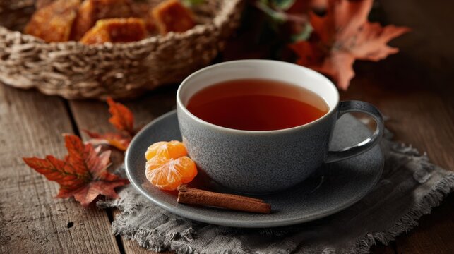 A cup of citrus tea sits with cinnamon and peeled citrus on a table, surrounded by orange maple leaves during the autumn season