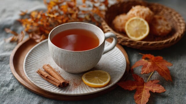 A cup of citrus tea sits with cinnamon sticks and a lemon slice on a plate, beside orange maple leaves and a basket of citrus during autumn