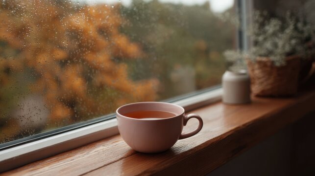 A cup of tea sits on a wooden window sill while rain marks the window, with autumn foliage visible outside during the day