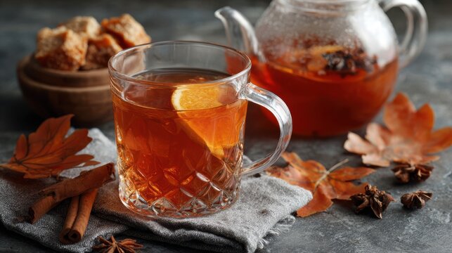 A glass cup of citrus tea with a slice of orange sits beside cinnamon, star anise, and orange maple leaves on a table in autumn