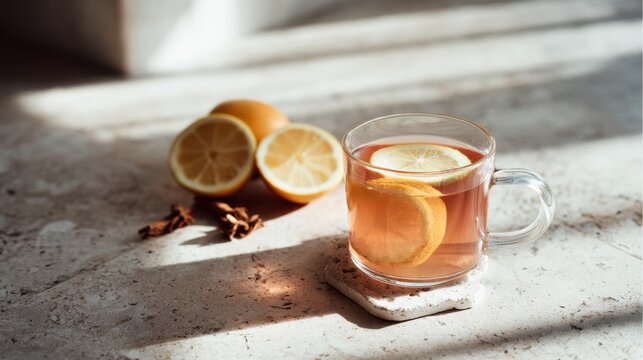 A glass cup of citrus cinnamon tea rests on a stone surface beside sliced citrus, with soft morning shadows crossing the scene