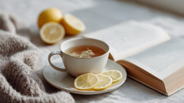 A bookmark rests in an open book beside a cup of tea topped with lemon slices, arranged on a table during daytime
