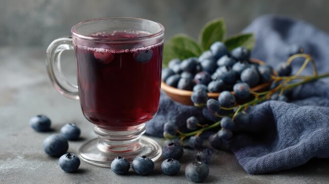 A glass mug holds deep indigo lavender and blueberry tea beside blueberries and leaves on a table, arranged for serving during the day