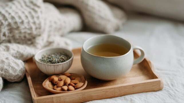 A cup of lavender tea and a small bowl of almonds rest on a wooden bedside tray at midnight beside a bed