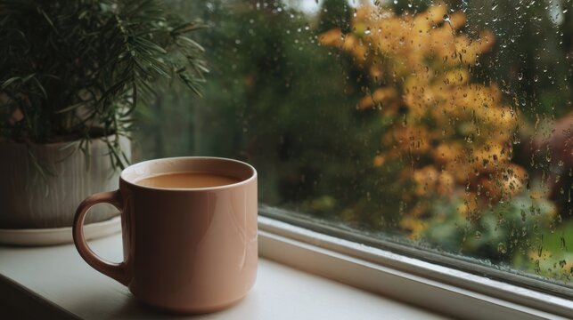A tea mug sits on a windowsill as rain runs down the window, with the mug reflected in the glass and autumn leaves visible outside