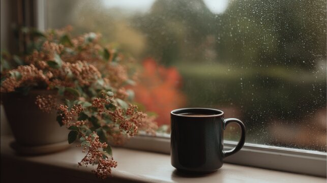 Autumn rain falls beyond a window while a tea mug is reflected in the glass, with a potted plant on the sill during the day