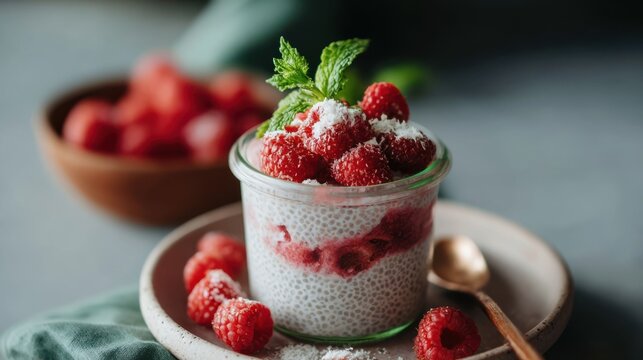 A glass jar holds chia seed pudding with raspberry layers, topped with raspberries and mint, on a plate beside a spoon and bowl of fruit