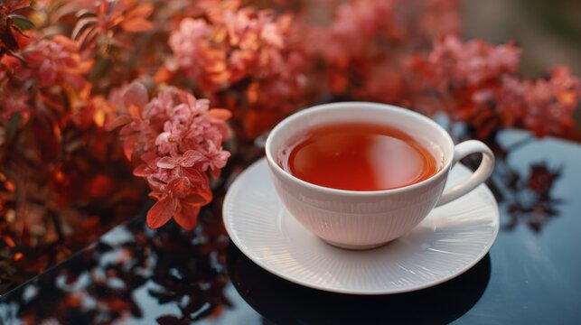 A macro view shows autumn tea with honey in a cup beside red leaves, with their reflections visible on the water nearby