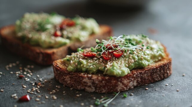 Avocado spread with hemp seeds, red pepper, and sprouts sits on slices of bread on a surface, shown in a close-up food view with no time of day specified