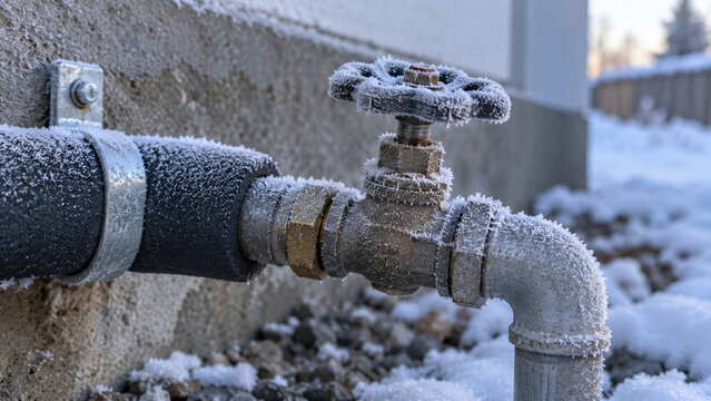 Frost-covered outdoor shutoff valve between insulated pipe sections, highlighting a vulnerable component in freezing winter conditions
