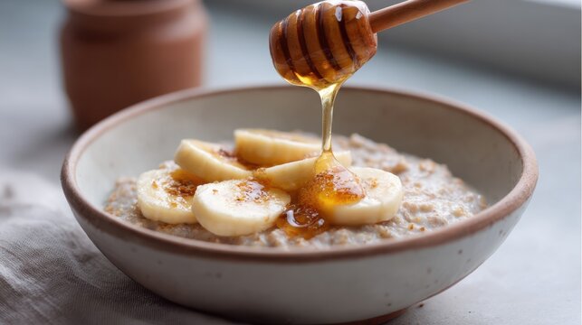 Honey pours from a wooden dipper onto a bowl of porridge with sliced bananas, in a kitchen setting during a meal preparation moment