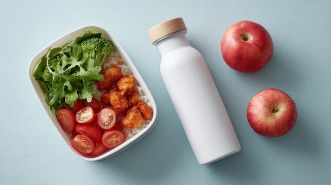 A school meal in a lunch container sits beside a reusable water bottle and two red apples, arranged on a surface for a school lunch during the day