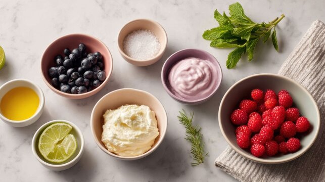 A table holds small bowls with one ingredient in each, including blueberries, raspberries, cream, salt, oil, and lime, with mint and rosemary nearby during food preparation