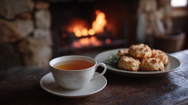 A cup of tea and a plate of homemade biscuits sit on a stone hearth in front of a fire, ready to enjoy during an evening at home