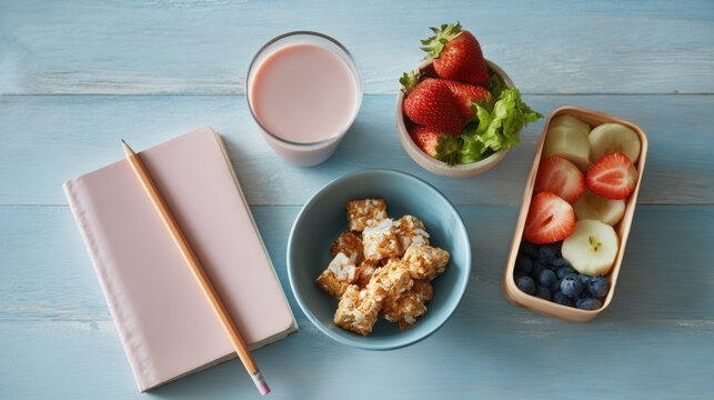 Top-down view of a child's desk during study time, with a book and pencil beside a snack box of fruit, a bowl of food, and a drink
