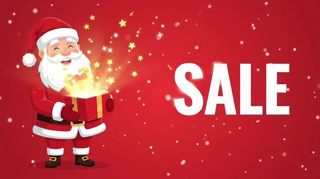 SALE Christmas discount promo Santa Claus opening magic gift box snow 2d animation motion graphic loop
