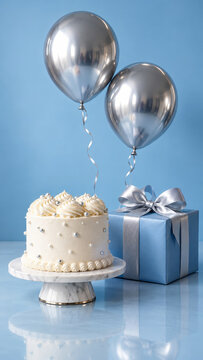 Birthday cake with silver balloons and blue gift on blue background. Birthday celebration dessert and present. Party decorations for a special occasion. Festive greeting card with copy space