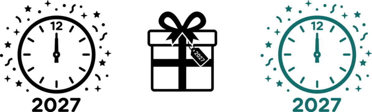 Minimalist black and white icons of clocks showing midnight and a gift box for new year 2027