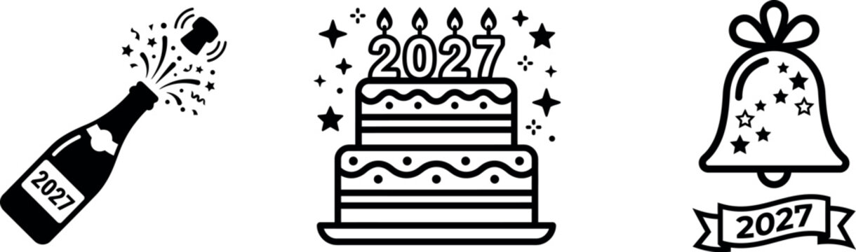 Hand drawn doodle icons for new year 2027 celebration featuring champagne cake and festive ringing bell