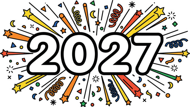 Festive 2027 new year celebration design with colorful hand drawn fireworks and confetti on white background