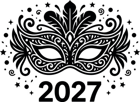 Black and white ornate masquerade mask illustration with the year 2027 for new years eve celebration design