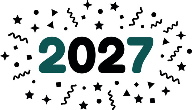 Happy new year 2027 greeting card design with festive stars and confetti elements on white background