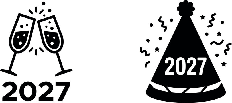 Black and white stamp style icons for new year 2027 celebration with champagne glasses and party hat