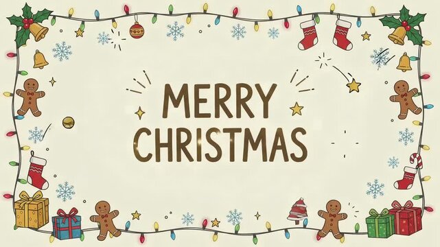 Merry Christmas holiday greeting hand drawn doodle frame gingerbread gift light string 2d animation motion graphic loop
