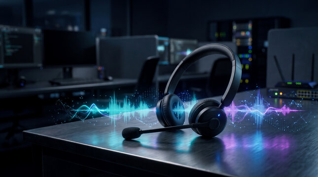 Modern headset with microphone on a desk, surrounded by glowing digital sound waves in a dark IT