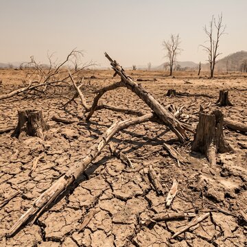 Devastating impact of climate change on nature, featuring severely cracked and dry soil, fallen dead logs, and cleared tree stumps in a barren landscape.