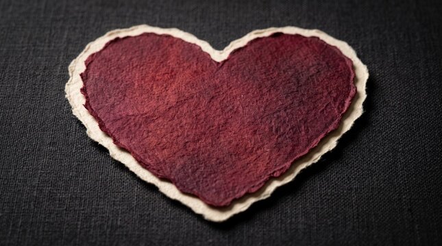 Layered handmade burgundy and cream paper heart on dark fabric