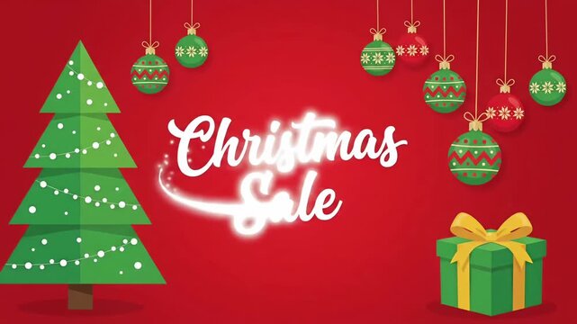 Christmas sale retail promo discount red background tree gift ornament 2d animation motion graphic loop
