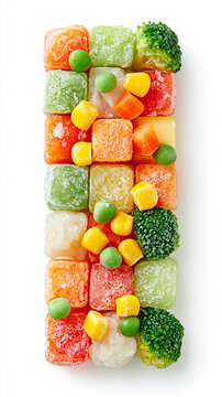 Frozen mixed vegetables including peas, corn, broccoli, cauliflower, and diced carrots and squash arranged in a vertical pattern on a white background.