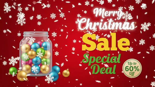 Merry Christmas sale special deal 60% off retail promo holiday discount jar ornament snowflake 3d animation loop
