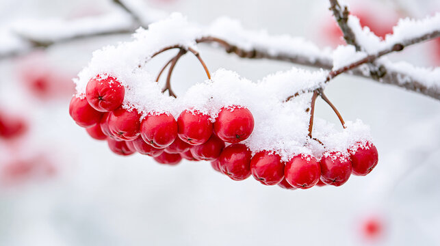 Bright red berries covered in fresh snow hang delicately from a branch in a serene winter setting.