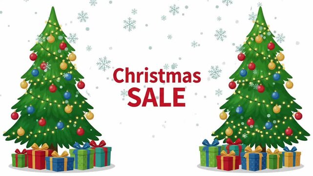 Christmas sale holiday retail promo discount tree gift snow white background 2d animation loop
